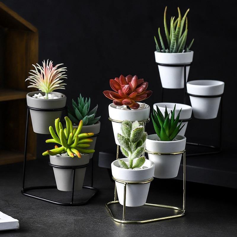 3-Piece Ceramic Planter Set with Metal Stand