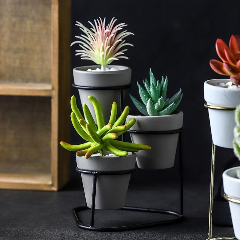3-Piece Ceramic Planter Set with Metal Stand