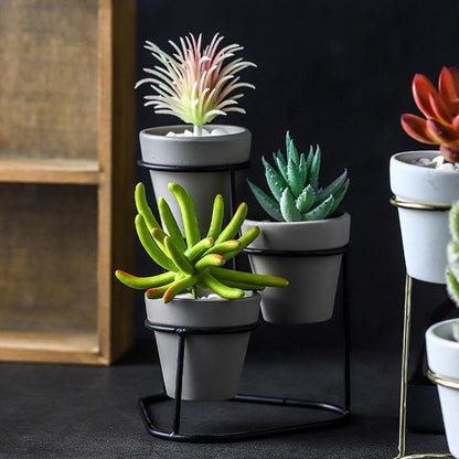 3-Piece Ceramic Planter Set with Metal Stand