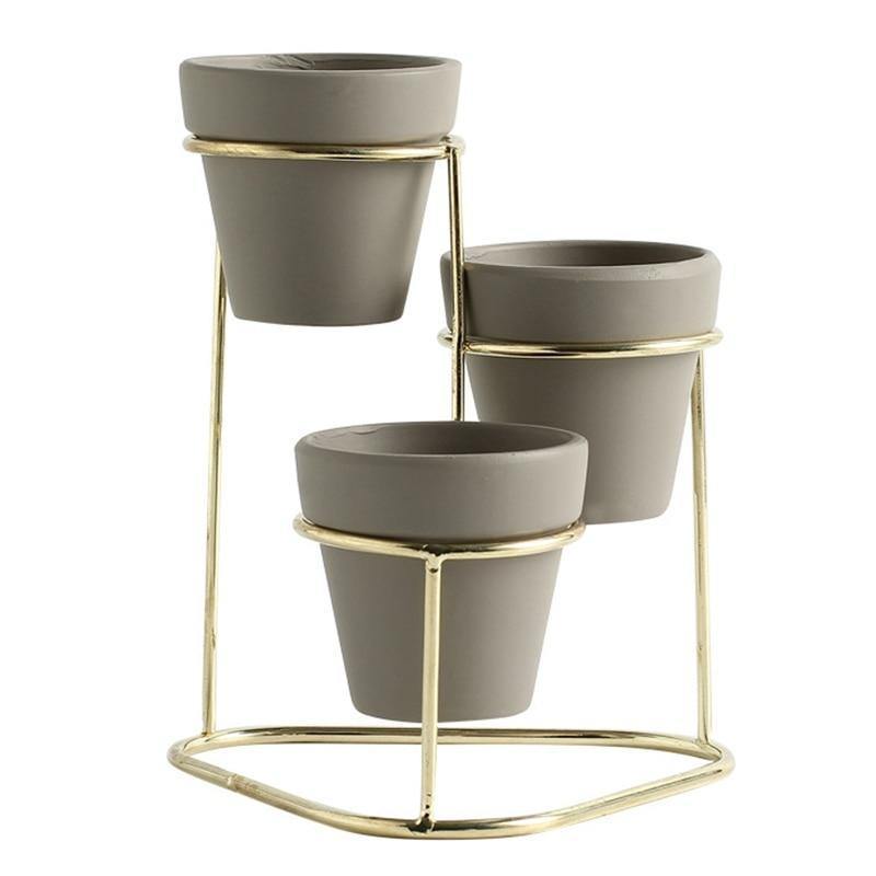 3-Piece Ceramic Planter Set with Metal Stand