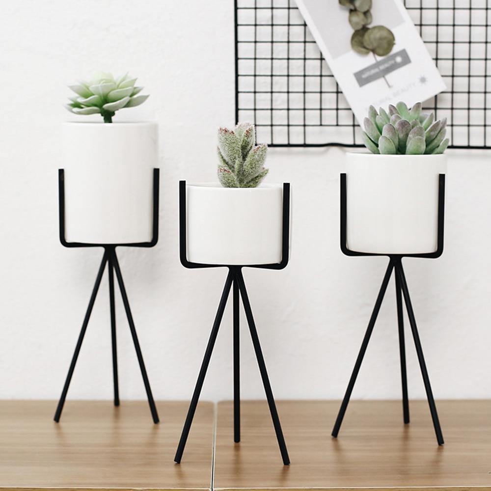 Geometric Metal Stand Ceramic Planter Set