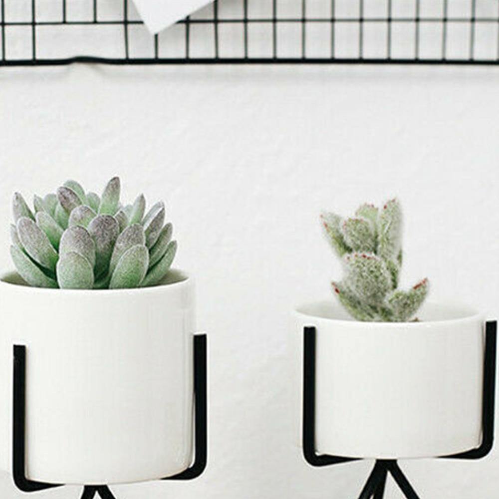 Geometric Metal Stand Ceramic Planter Set