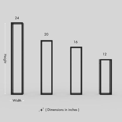 Four vertical metal frames of different heights displayed against a plain gray background, labeled with their respective heights in inches: 24, 20, 16, and 12. Each frame has a minimalist, rectangular design, with dimensions noted as "height" and "width."