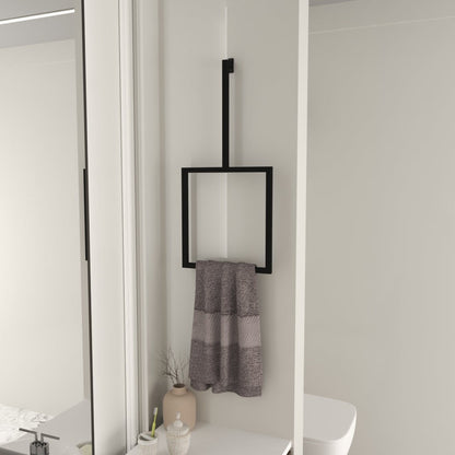 Wall-mounted black vertical towel rack holding a striped gray towel, displayed in a modern bathroom with light-colored walls and simple, clean decor.
