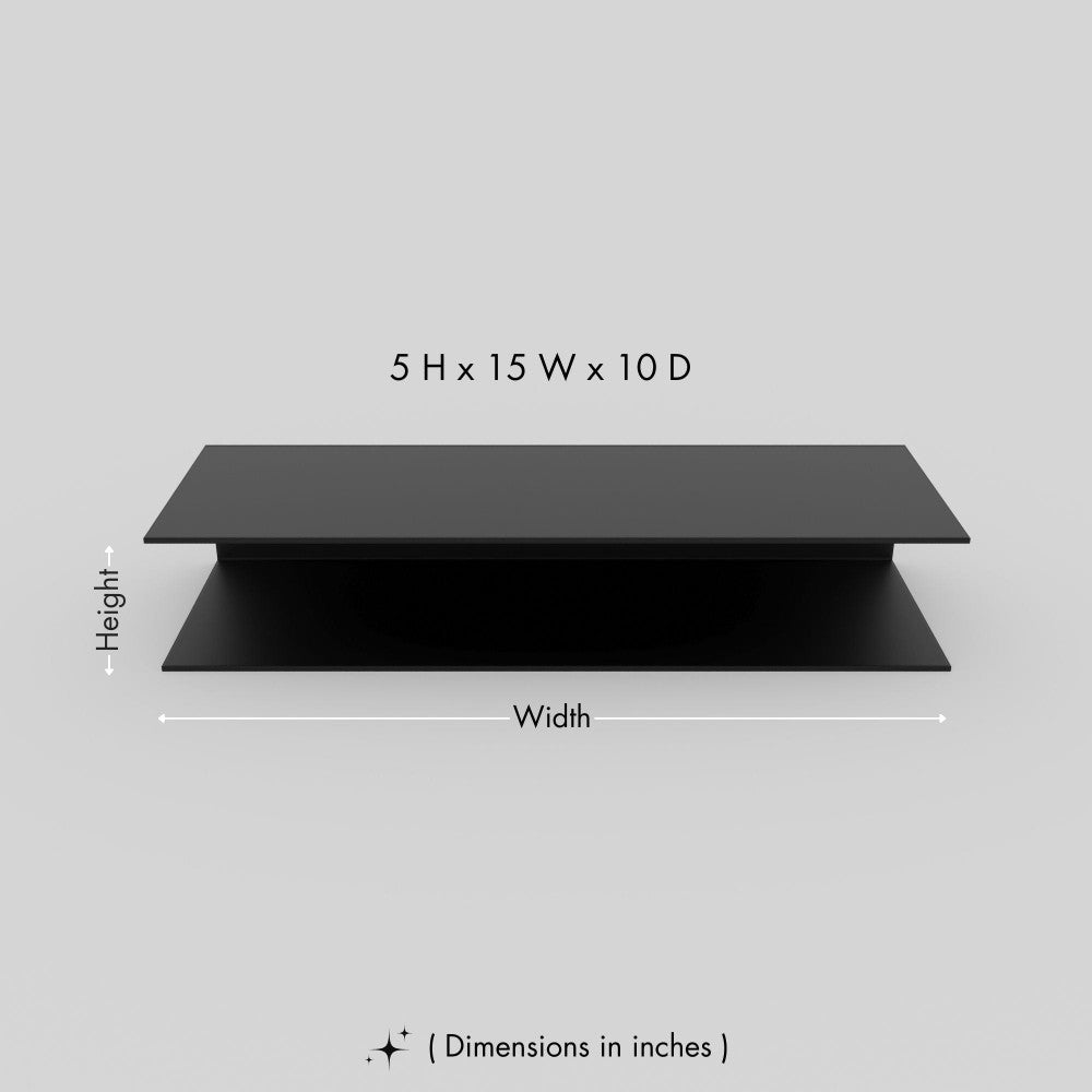 Close-up view of a single black shelf from the Wall Mounted Horizontal Shoe Rack, labeled with dimensions 5 inches high, 16 inches wide, and 10 inches deep.
