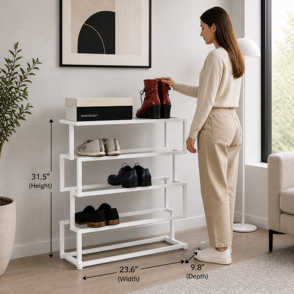 Dimension guide for Modern 4-Tier Metal Shoe Rack – Minimalist Entryway Shoe Organizer showing product measurements and scale references for comparison.