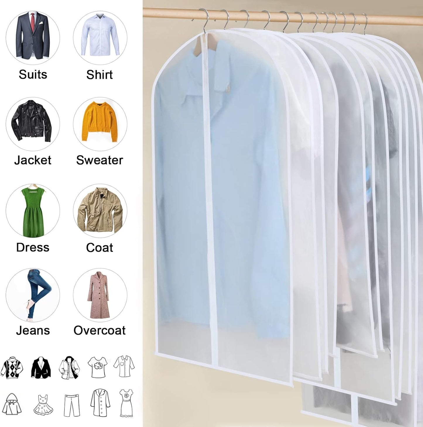 12-Pack Clear Clothes Garment Bag | PEVA Hanging Suit Storage